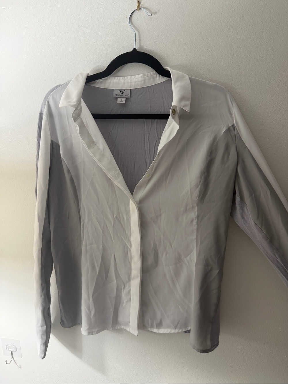 Women's Two-Tone White and Light Gray Sheer Button Shirt